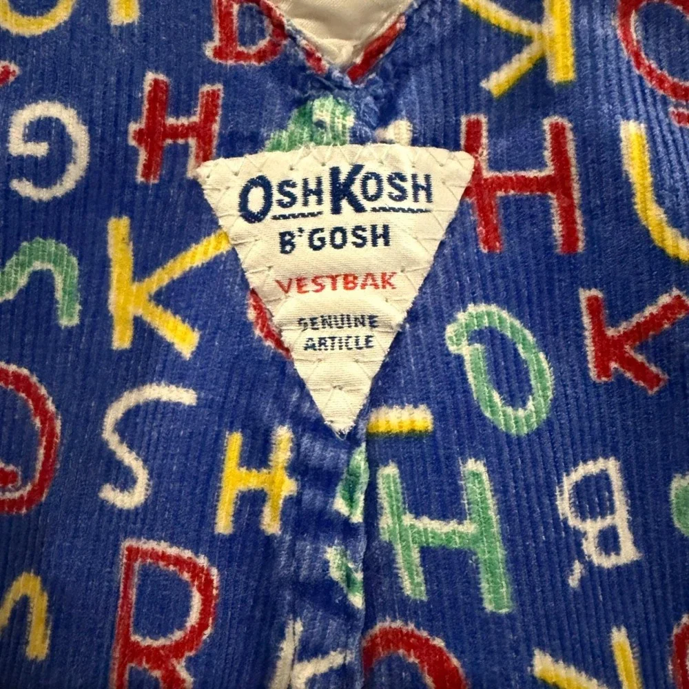 Vtg OshKosh B'gosh Blue Corduroy Alphabet Print Overalls Eyelet Lace 18 Mo USA‎